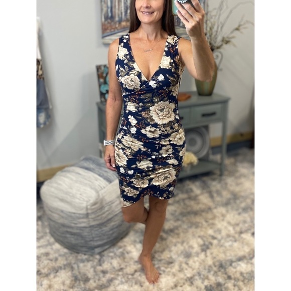 ❤️‍🔥Floral Faux Wrap Ruched Tank Dress Navy 1418 - Picture 6 of 9